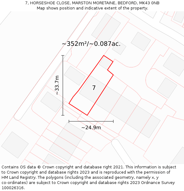7, HORSESHOE CLOSE, MARSTON MORETAINE, BEDFORD, MK43 0NB: Plot and title map