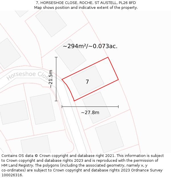 7, HORSESHOE CLOSE, ROCHE, ST AUSTELL, PL26 8FD: Plot and title map