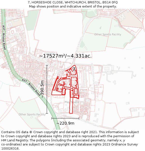 7, HORSESHOE CLOSE, WHITCHURCH, BRISTOL, BS14 0FQ: Plot and title map