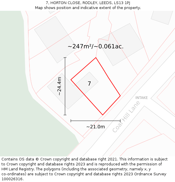 7, HORTON CLOSE, RODLEY, LEEDS, LS13 1PJ: Plot and title map