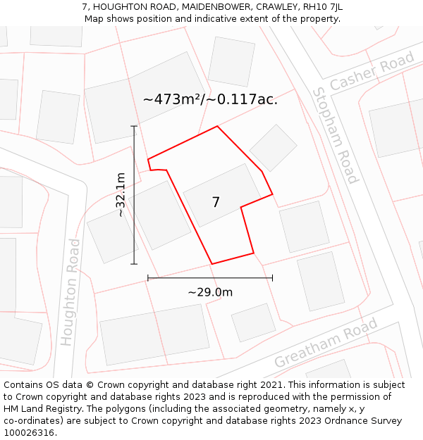 7, HOUGHTON ROAD, MAIDENBOWER, CRAWLEY, RH10 7JL: Plot and title map