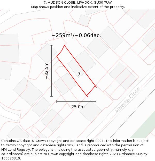 7, HUDSON CLOSE, LIPHOOK, GU30 7UW: Plot and title map