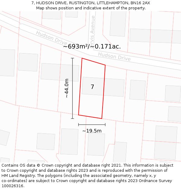 7, HUDSON DRIVE, RUSTINGTON, LITTLEHAMPTON, BN16 2AX: Plot and title map