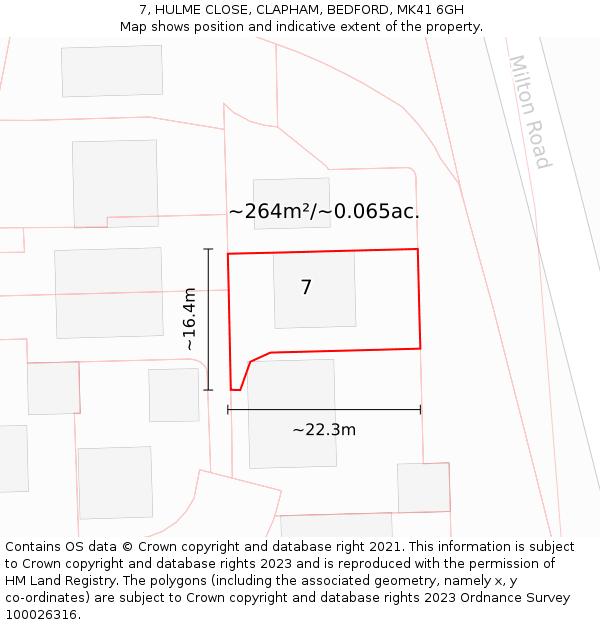 7, HULME CLOSE, CLAPHAM, BEDFORD, MK41 6GH: Plot and title map