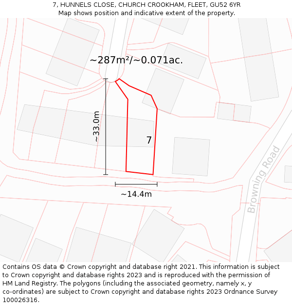 7, HUNNELS CLOSE, CHURCH CROOKHAM, FLEET, GU52 6YR: Plot and title map