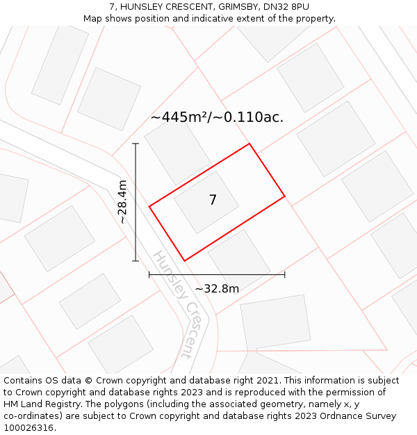 7, HUNSLEY CRESCENT, GRIMSBY, DN32 8PU: Plot and title map