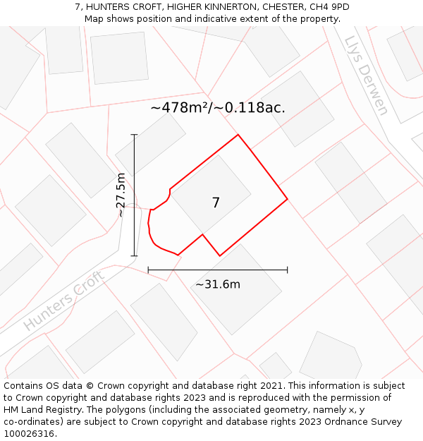 7, HUNTERS CROFT, HIGHER KINNERTON, CHESTER, CH4 9PD: Plot and title map