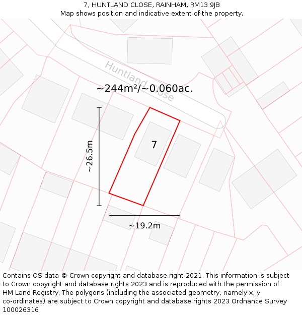 7, HUNTLAND CLOSE, RAINHAM, RM13 9JB: Plot and title map