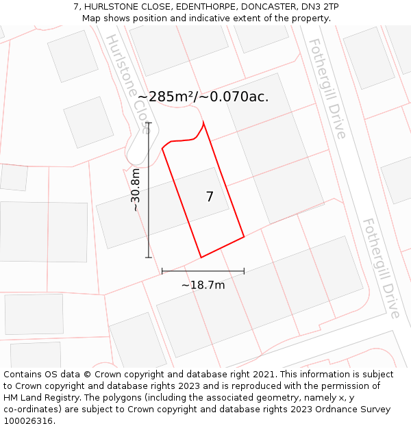 7, HURLSTONE CLOSE, EDENTHORPE, DONCASTER, DN3 2TP: Plot and title map