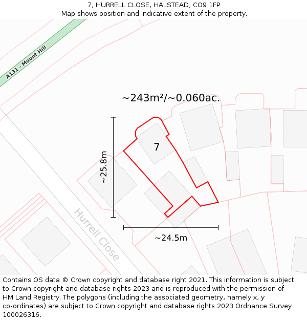 7, HURRELL CLOSE, HALSTEAD, CO9 1FP: Plot and title map