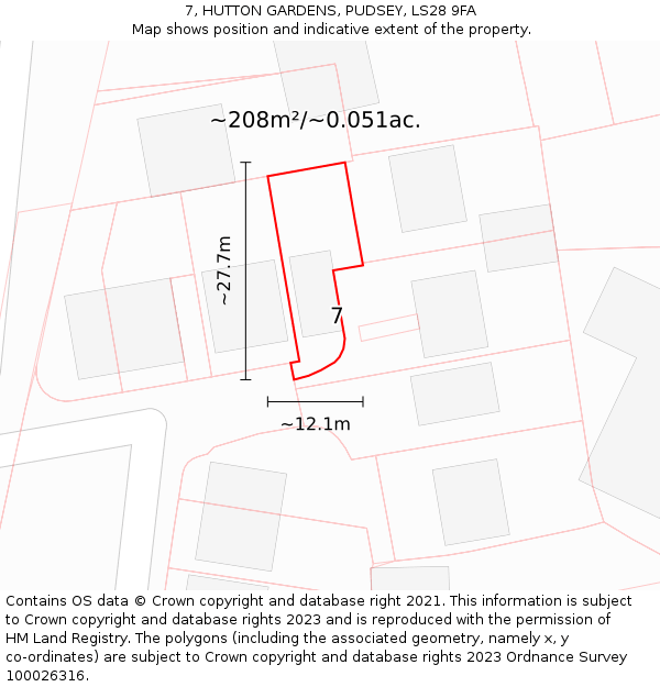 7, HUTTON GARDENS, PUDSEY, LS28 9FA: Plot and title map