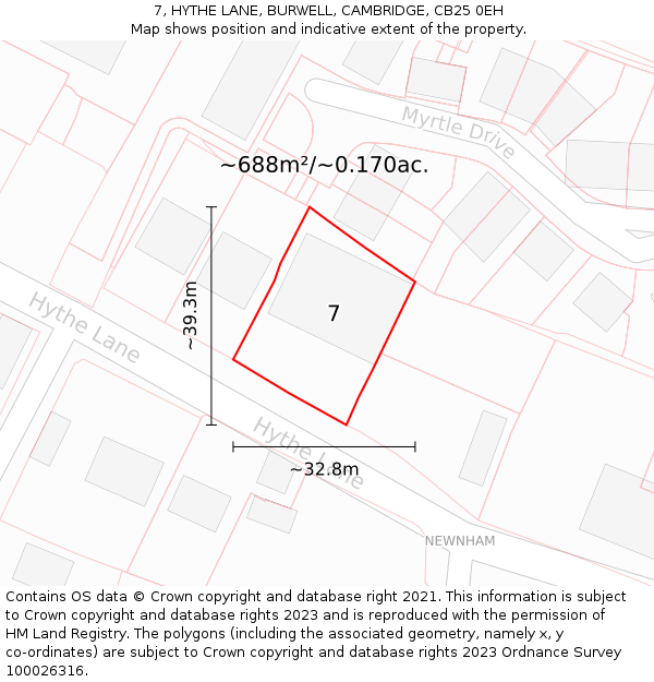 7, HYTHE LANE, BURWELL, CAMBRIDGE, CB25 0EH: Plot and title map