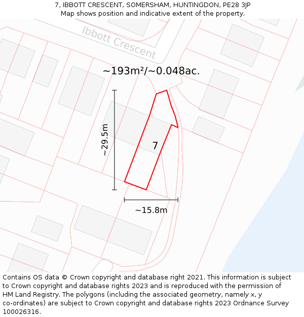 7, IBBOTT CRESCENT, SOMERSHAM, HUNTINGDON, PE28 3JP: Plot and title map