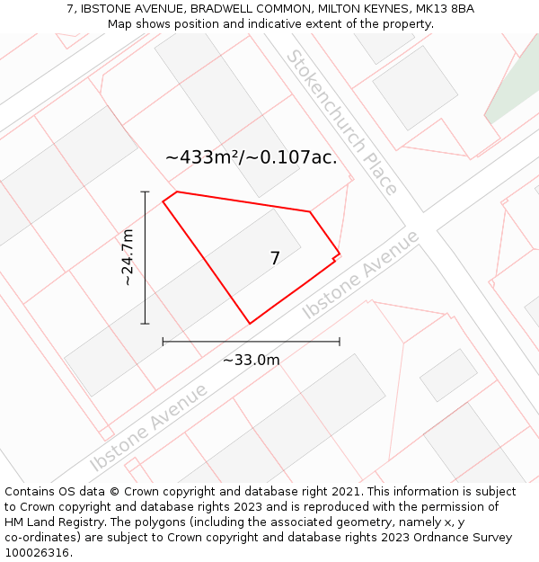 7, IBSTONE AVENUE, BRADWELL COMMON, MILTON KEYNES, MK13 8BA: Plot and title map