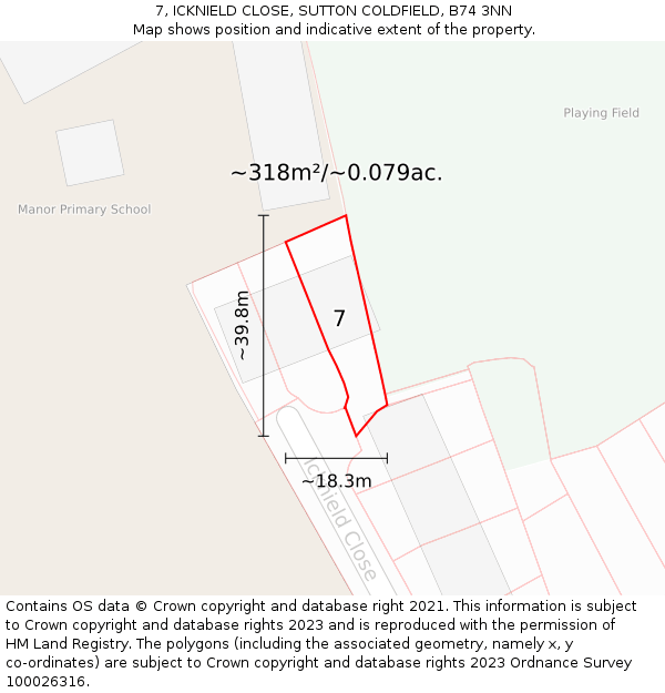 7, ICKNIELD CLOSE, SUTTON COLDFIELD, B74 3NN: Plot and title map