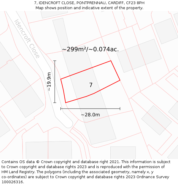 7, IDENCROFT CLOSE, PONTPRENNAU, CARDIFF, CF23 8PH: Plot and title map