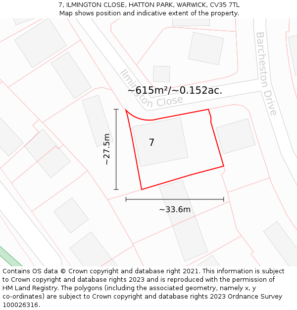 7, ILMINGTON CLOSE, HATTON PARK, WARWICK, CV35 7TL: Plot and title map
