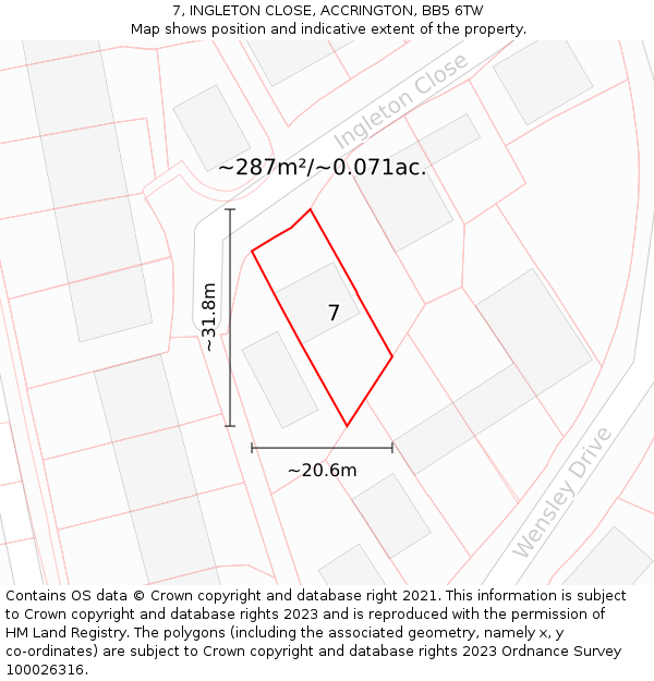 7, INGLETON CLOSE, ACCRINGTON, BB5 6TW: Plot and title map