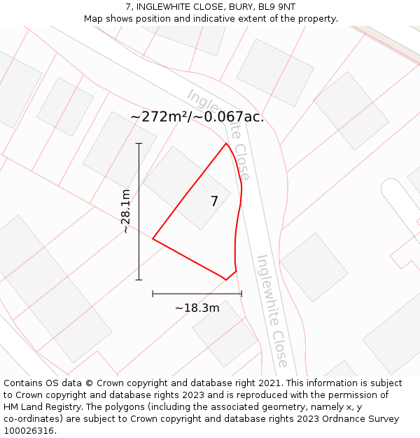 7, INGLEWHITE CLOSE, BURY, BL9 9NT: Plot and title map