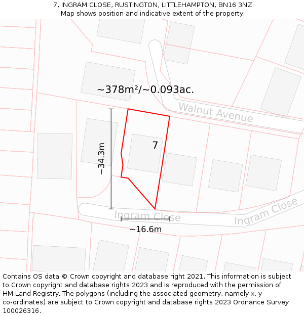 7, INGRAM CLOSE, RUSTINGTON, LITTLEHAMPTON, BN16 3NZ: Plot and title map