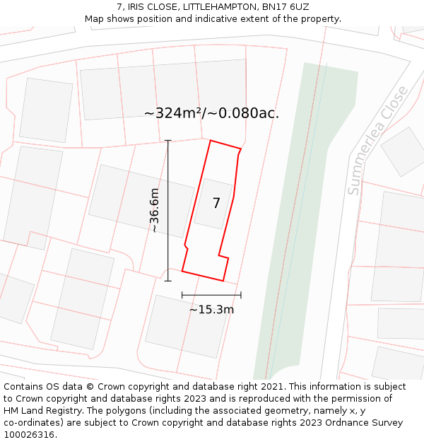 7, IRIS CLOSE, LITTLEHAMPTON, BN17 6UZ: Plot and title map