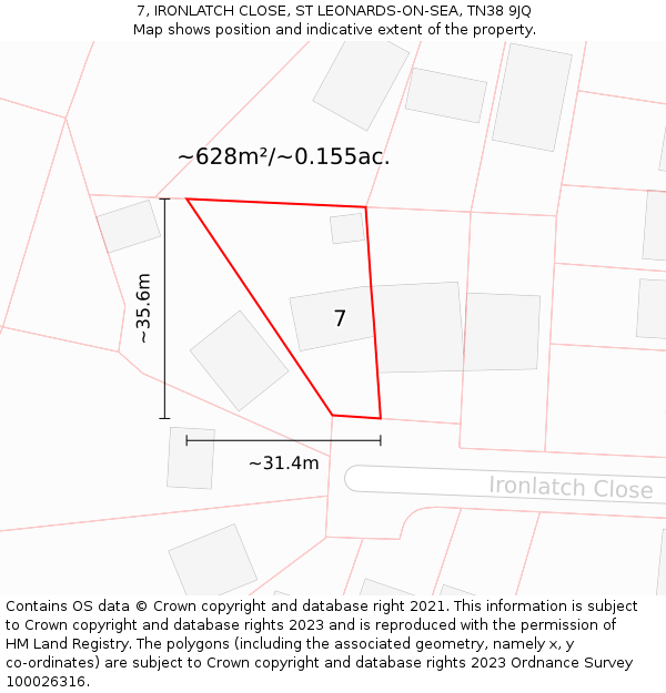 7, IRONLATCH CLOSE, ST LEONARDS-ON-SEA, TN38 9JQ: Plot and title map