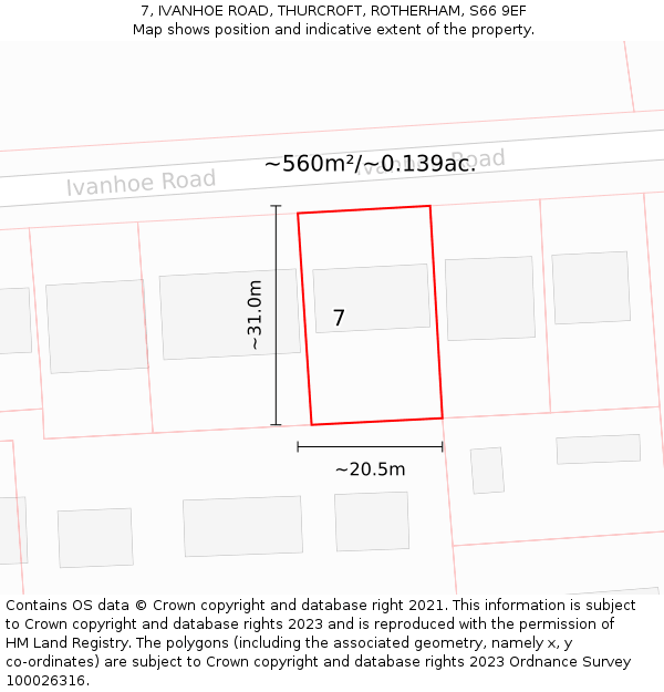 7, IVANHOE ROAD, THURCROFT, ROTHERHAM, S66 9EF: Plot and title map
