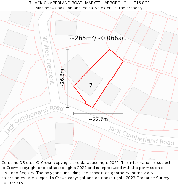 7, JACK CUMBERLAND ROAD, MARKET HARBOROUGH, LE16 8GF: Plot and title map