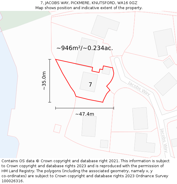 7, JACOBS WAY, PICKMERE, KNUTSFORD, WA16 0GZ: Plot and title map