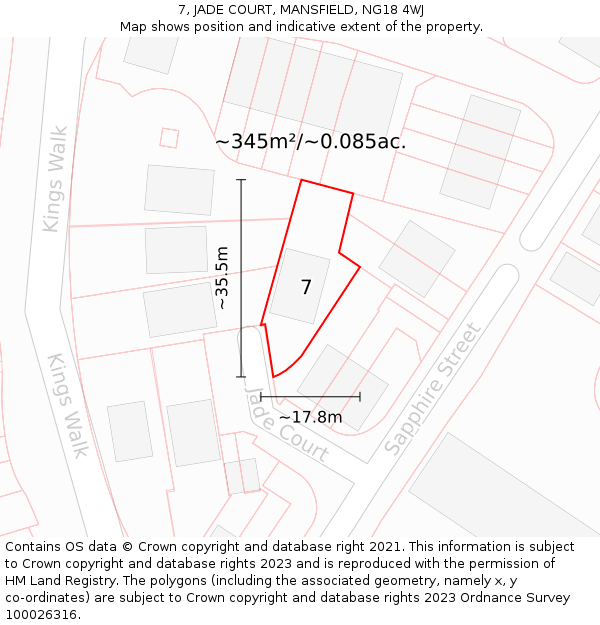 7, JADE COURT, MANSFIELD, NG18 4WJ: Plot and title map