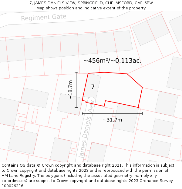7, JAMES DANIELS VIEW, SPRINGFIELD, CHELMSFORD, CM1 6BW: Plot and title map