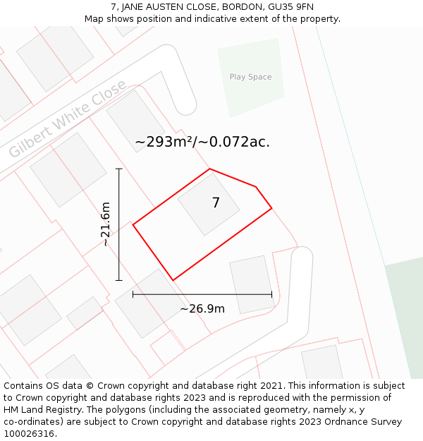 7, JANE AUSTEN CLOSE, BORDON, GU35 9FN: Plot and title map
