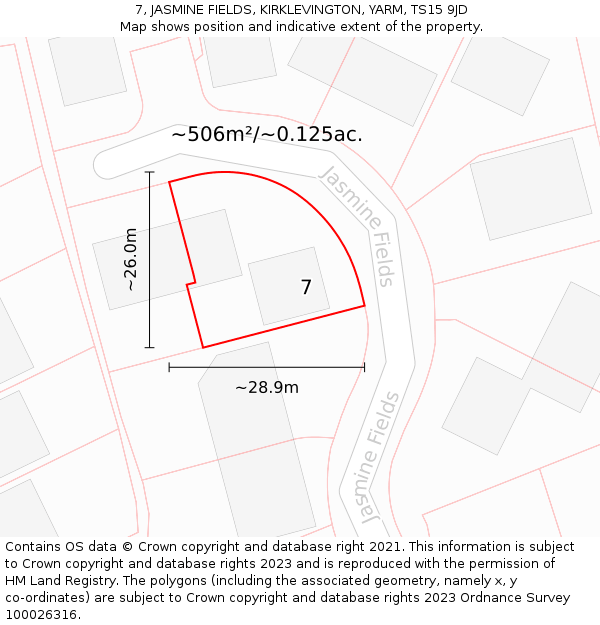 7, JASMINE FIELDS, KIRKLEVINGTON, YARM, TS15 9JD: Plot and title map