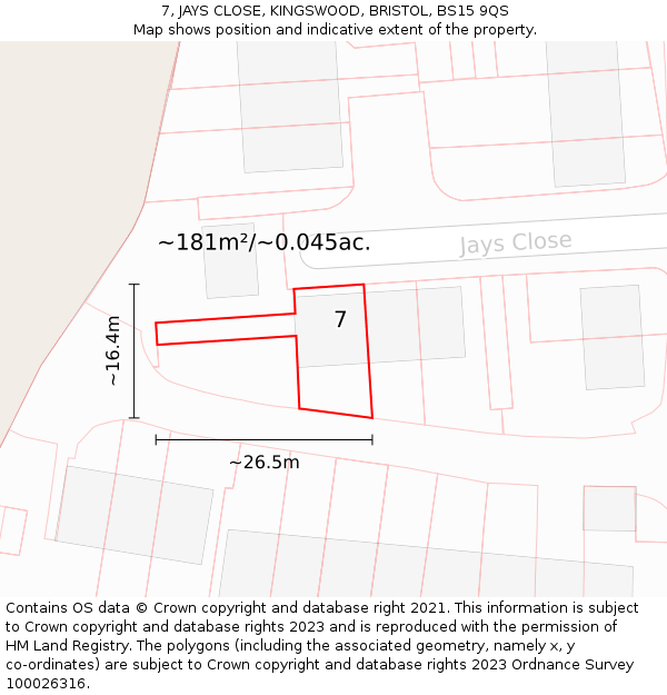 7, JAYS CLOSE, KINGSWOOD, BRISTOL, BS15 9QS: Plot and title map