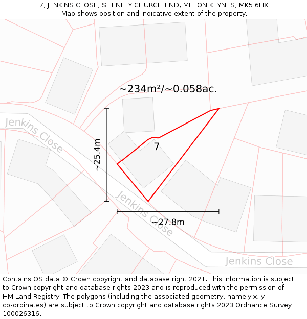 7, JENKINS CLOSE, SHENLEY CHURCH END, MILTON KEYNES, MK5 6HX: Plot and title map