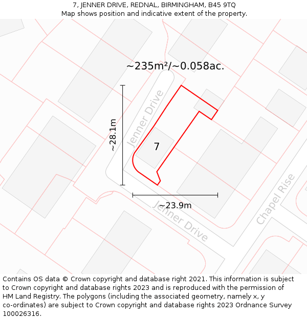 7, JENNER DRIVE, REDNAL, BIRMINGHAM, B45 9TQ: Plot and title map