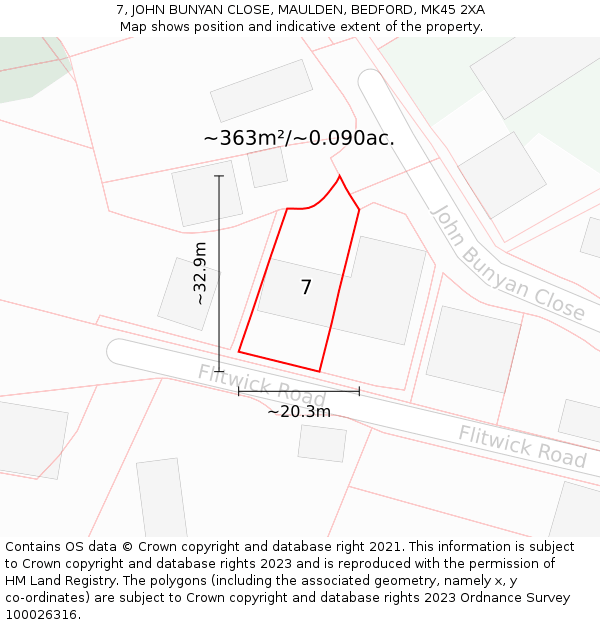 7, JOHN BUNYAN CLOSE, MAULDEN, BEDFORD, MK45 2XA: Plot and title map