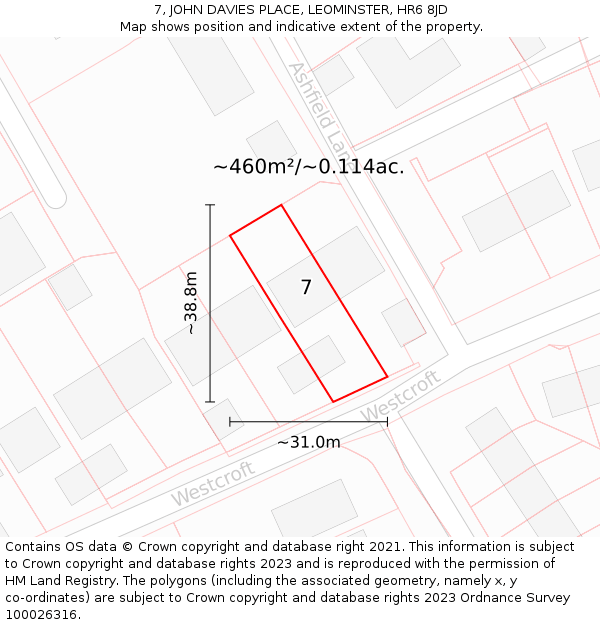 7, JOHN DAVIES PLACE, LEOMINSTER, HR6 8JD: Plot and title map