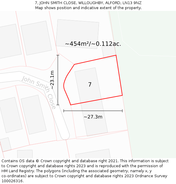 7, JOHN SMITH CLOSE, WILLOUGHBY, ALFORD, LN13 9NZ: Plot and title map