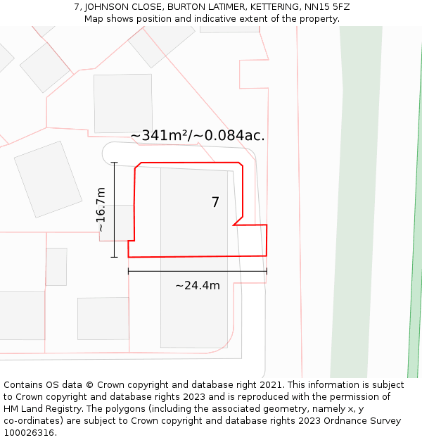 7, JOHNSON CLOSE, BURTON LATIMER, KETTERING, NN15 5FZ: Plot and title map