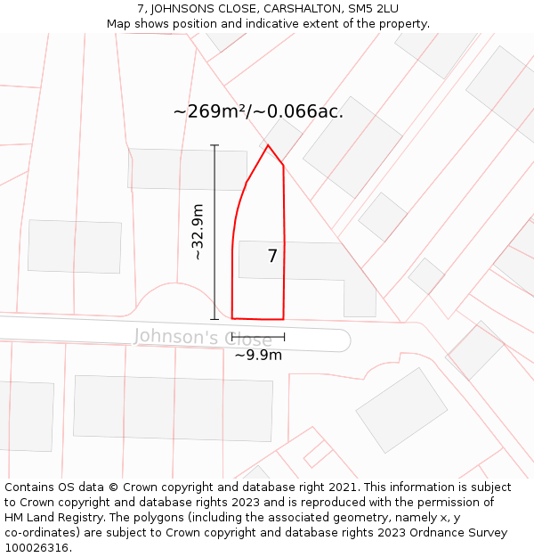 7, JOHNSONS CLOSE, CARSHALTON, SM5 2LU: Plot and title map