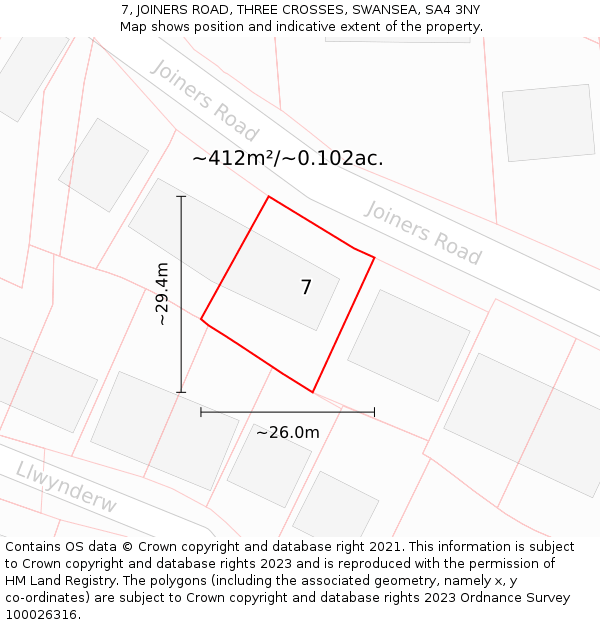 7, JOINERS ROAD, THREE CROSSES, SWANSEA, SA4 3NY: Plot and title map
