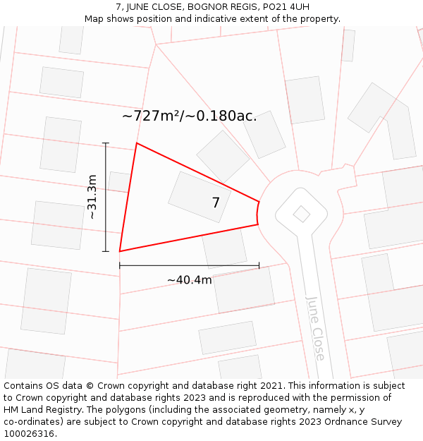 7, JUNE CLOSE, BOGNOR REGIS, PO21 4UH: Plot and title map