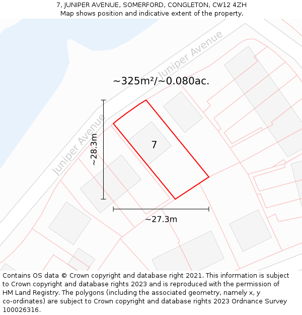 7, JUNIPER AVENUE, SOMERFORD, CONGLETON, CW12 4ZH: Plot and title map