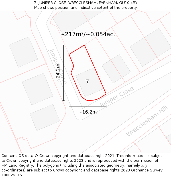 7, JUNIPER CLOSE, WRECCLESHAM, FARNHAM, GU10 4BY: Plot and title map