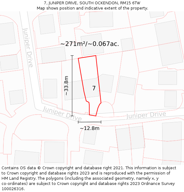 7, JUNIPER DRIVE, SOUTH OCKENDON, RM15 6TW: Plot and title map
