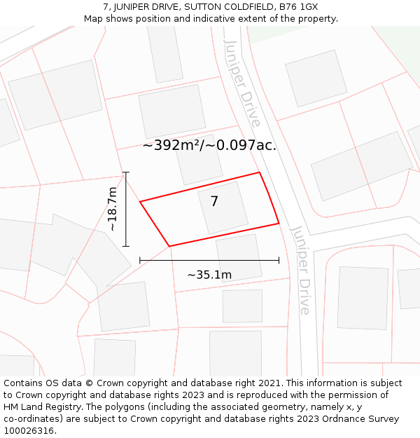 7, JUNIPER DRIVE, SUTTON COLDFIELD, B76 1GX: Plot and title map