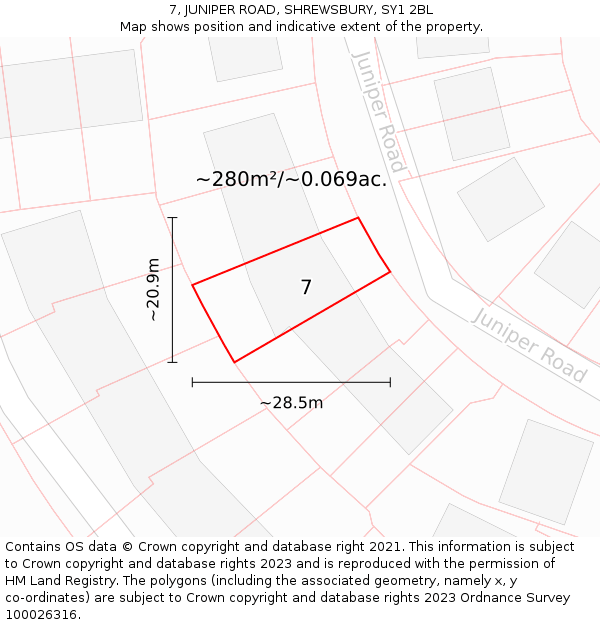 7, JUNIPER ROAD, SHREWSBURY, SY1 2BL: Plot and title map