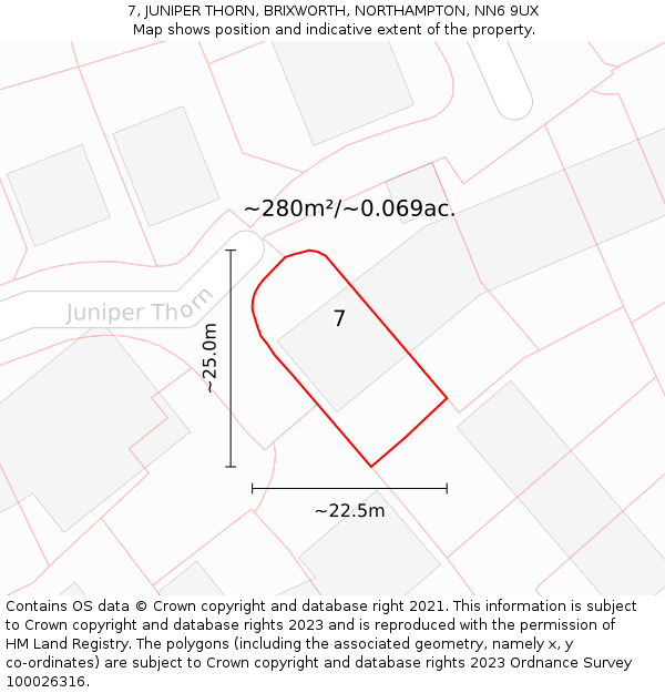 7, JUNIPER THORN, BRIXWORTH, NORTHAMPTON, NN6 9UX: Plot and title map