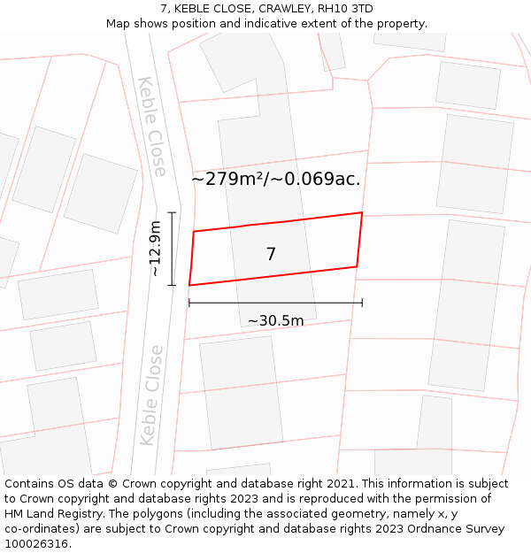 7, KEBLE CLOSE, CRAWLEY, RH10 3TD: Plot and title map